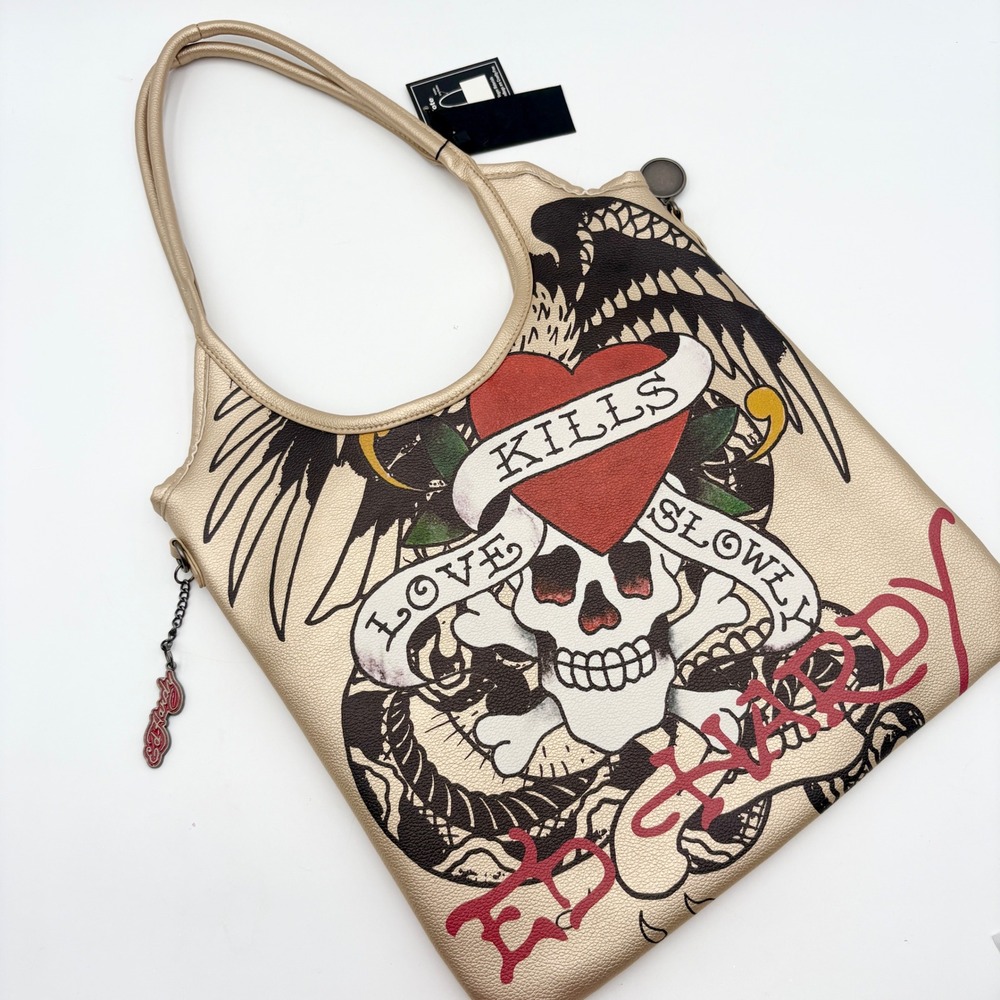 Ed Hardy Tote Bag Metallic‎ Gold Skull Tattoo Print Lined Snap Closure